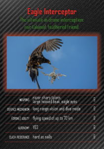 DroneClash Top Bumps card illustrating drone-intercepting eagle
